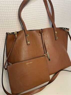 CALVIN KLEIN Cognac Brown FAUX Leather Tote with Removable Pouch